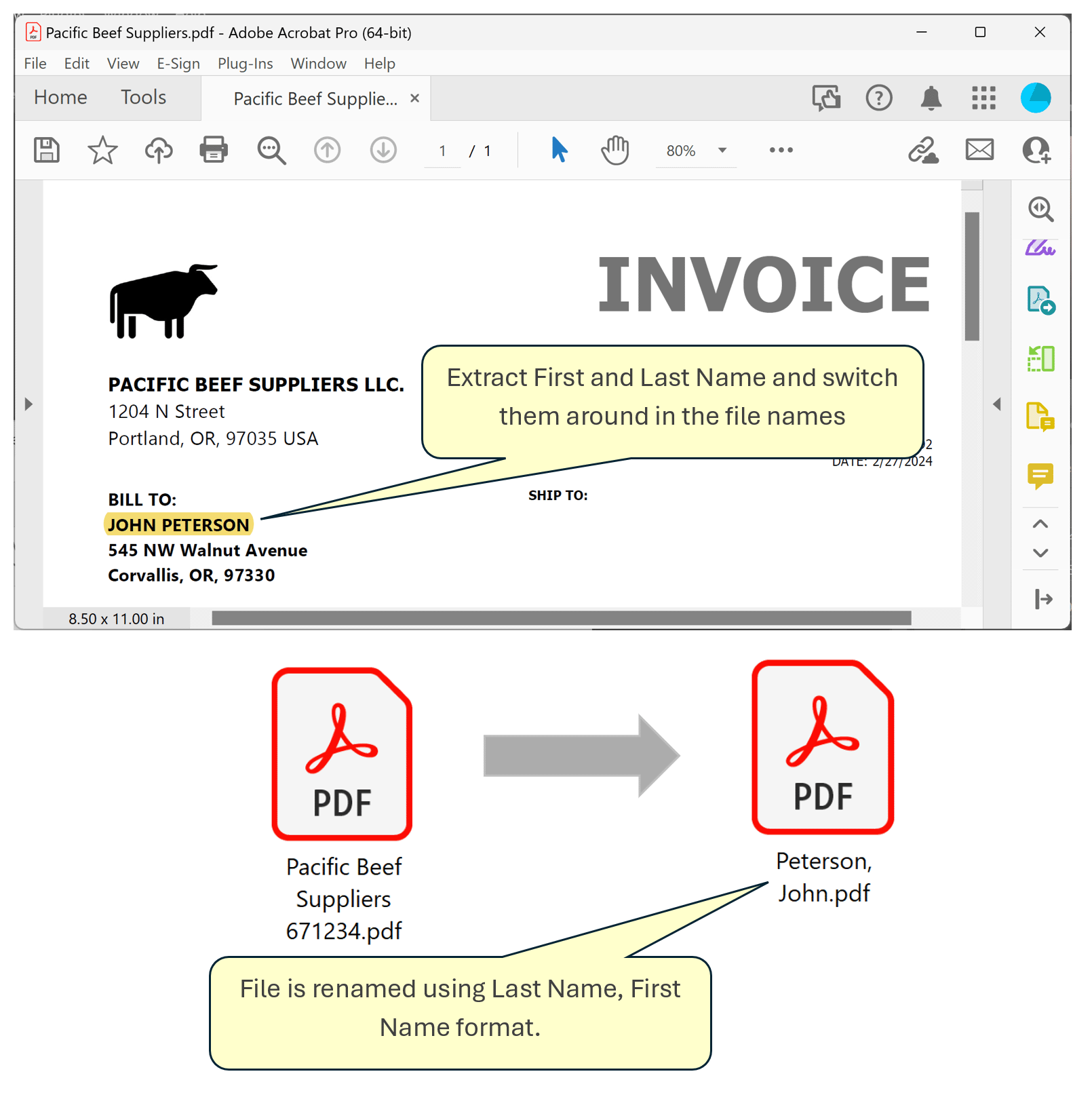Rename PDF files using text from the document and switch last and first name around