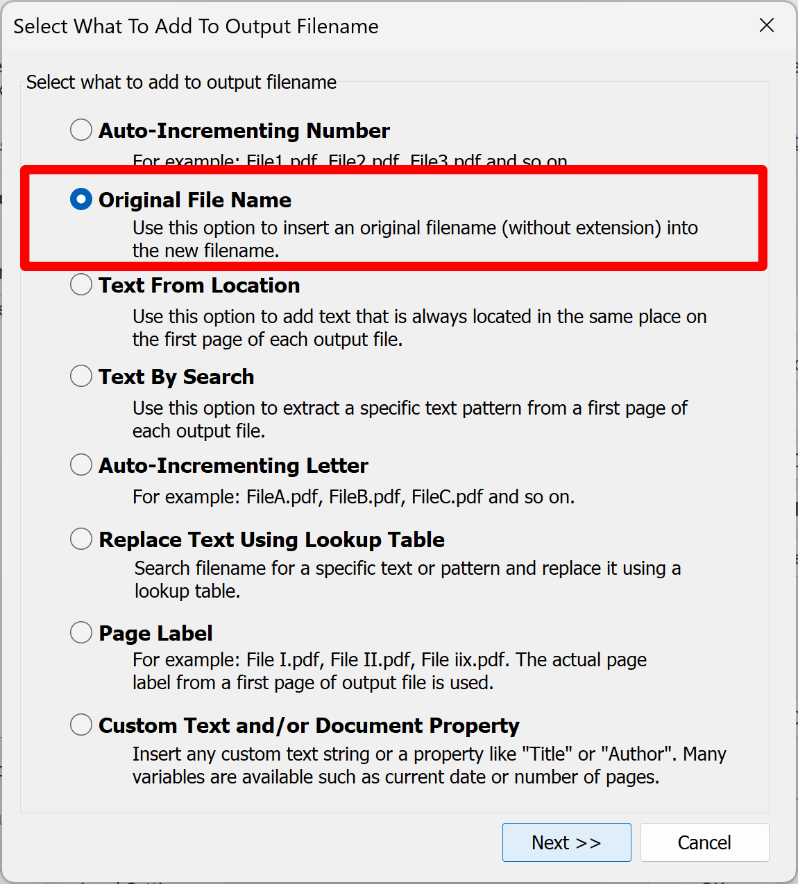 Select original filename option