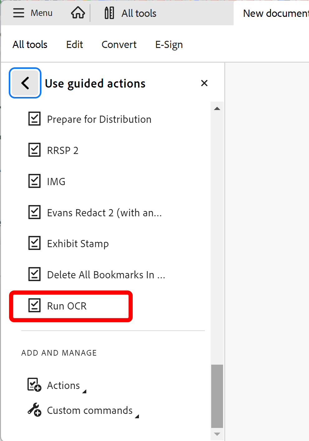 Select action from list